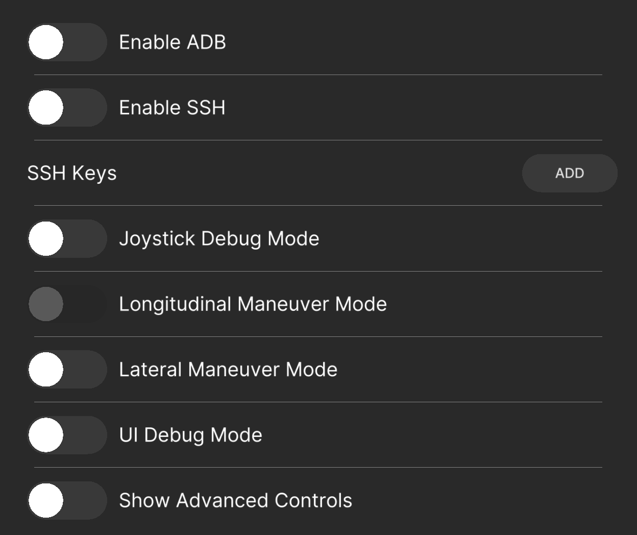 The Developer settings panel on comma 3X