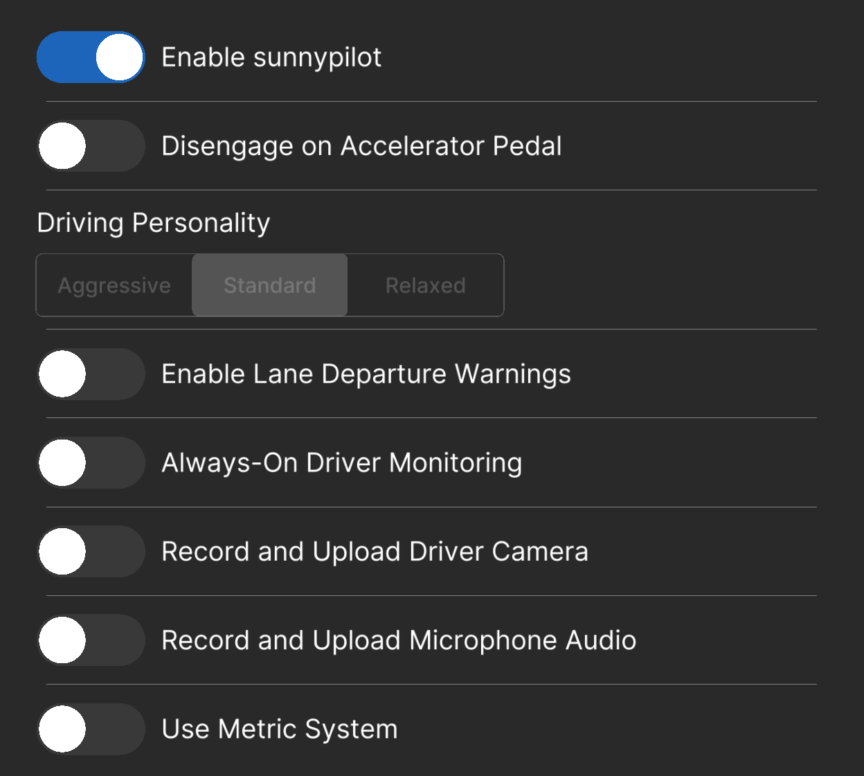The Toggles settings panel on comma 3X
